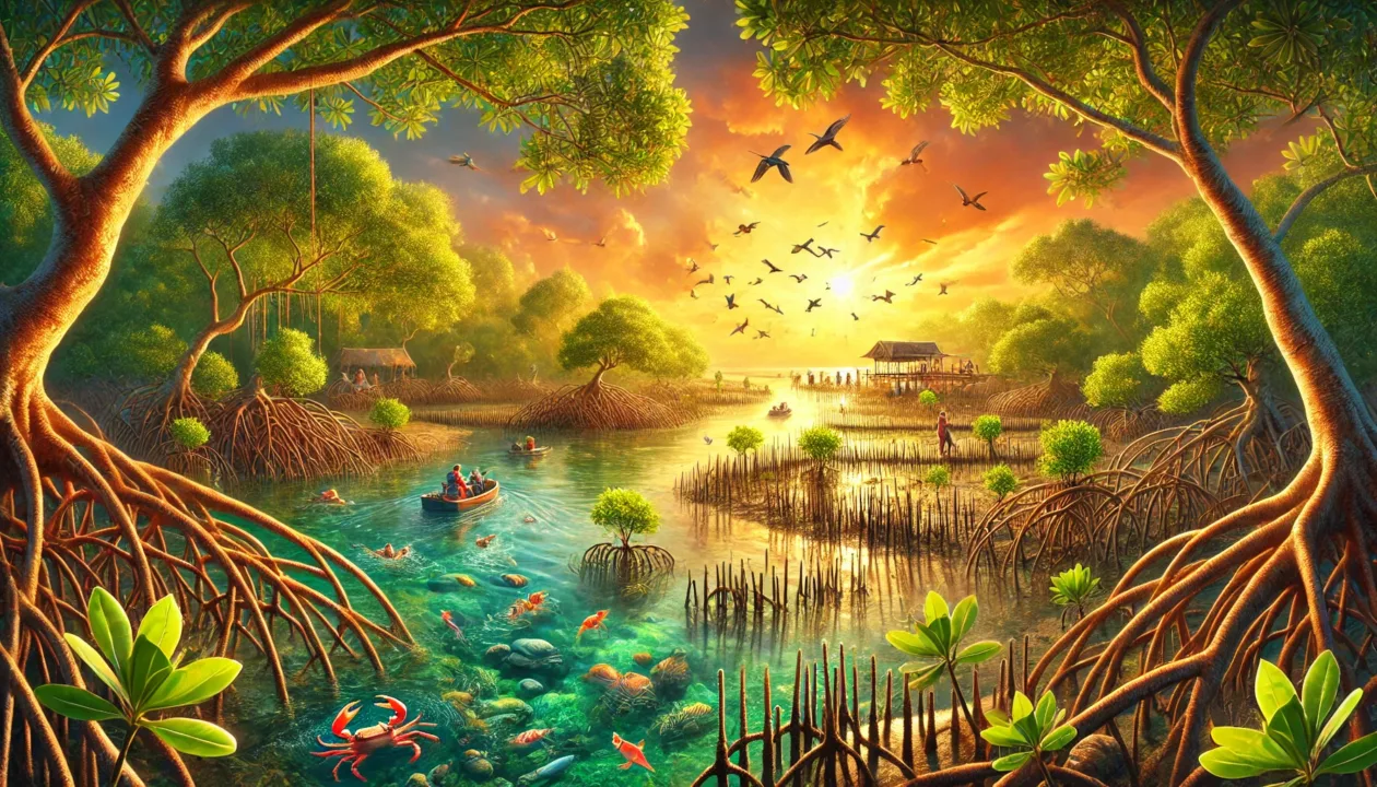 Thriving mangrove ecosystem at sunset, featuring lush foliage, diverse wildlife, and conservation activities Thriving mangrove ecosystem at sunset, featuring lush foliage, diverse wildlife, and conservation activities