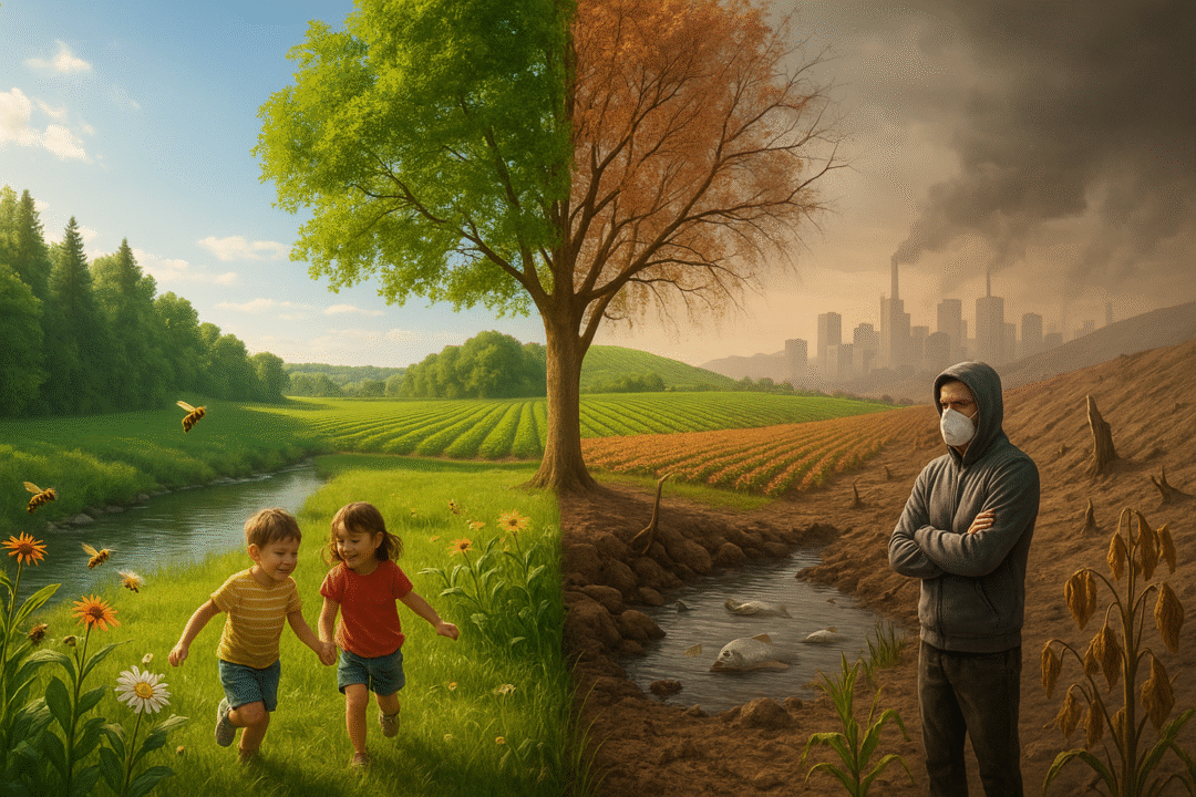 Image contrasting healthy and degraded ecosystems.