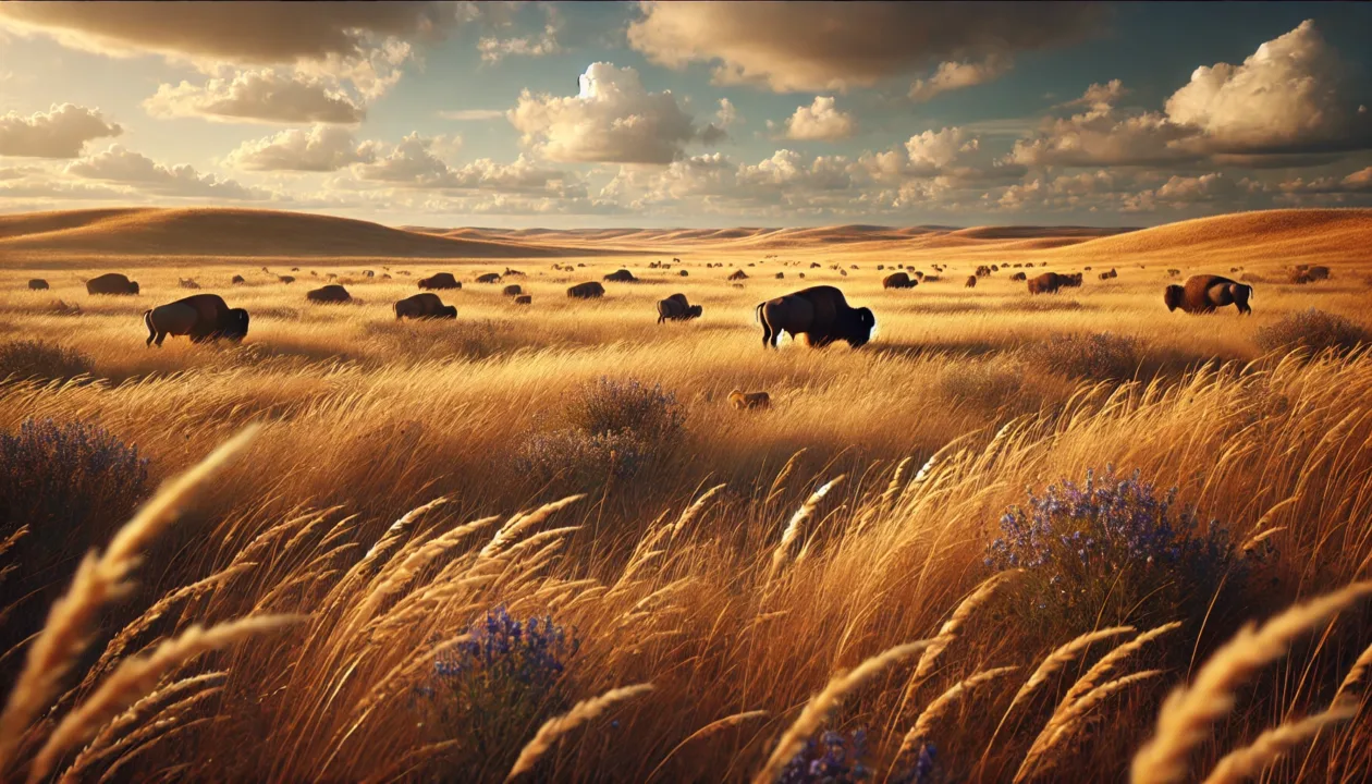 Landscape of a grassland biome under a partly cloudy sky