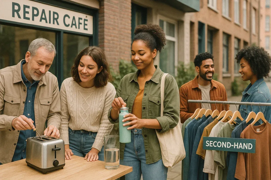Diverse group of people engaging in circular actions: using repair cafés, refilling bottles, buying second-hand