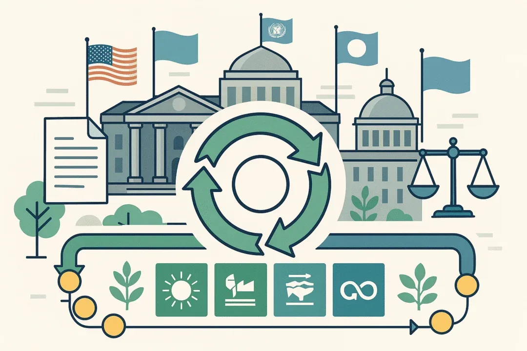 Illustration of government buildings and global flags surrounding a circular economy symbol—documents, scales of justice, and SDG icons