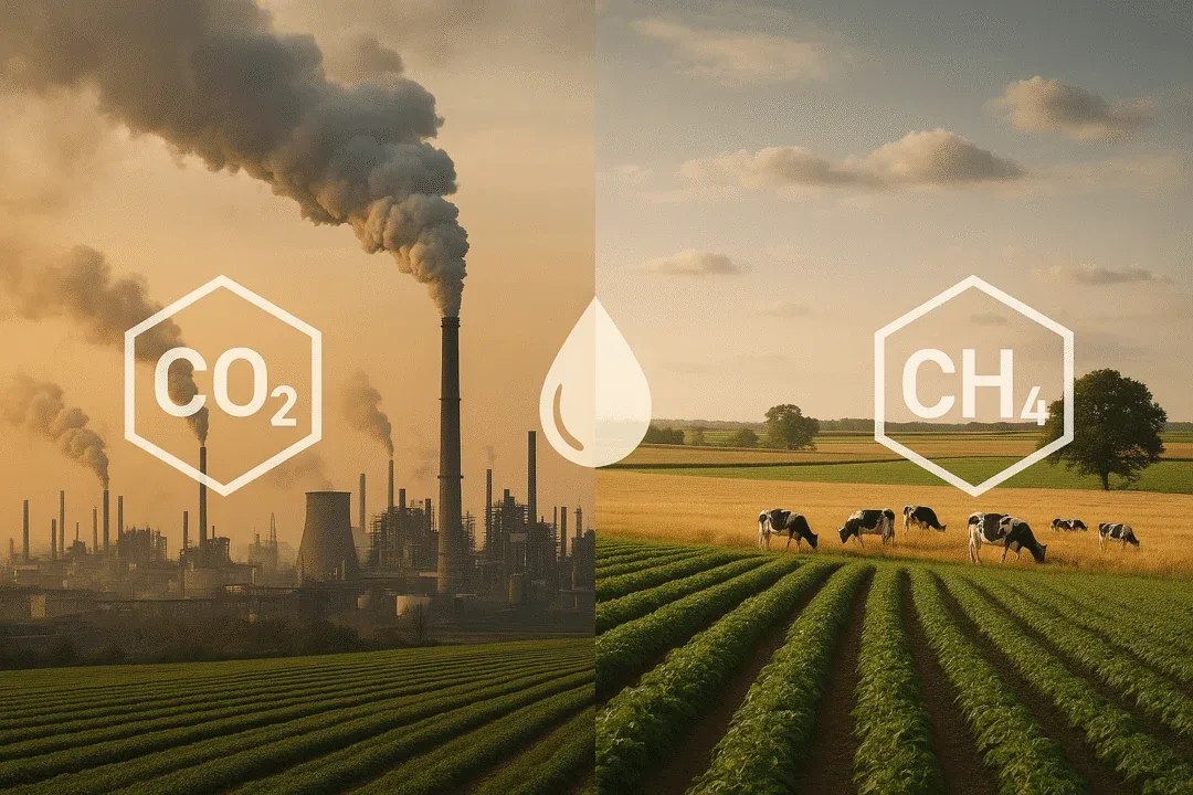 An industrial skyline with smokestacks emitting carbon, contrasted with agricultural fields and livestock