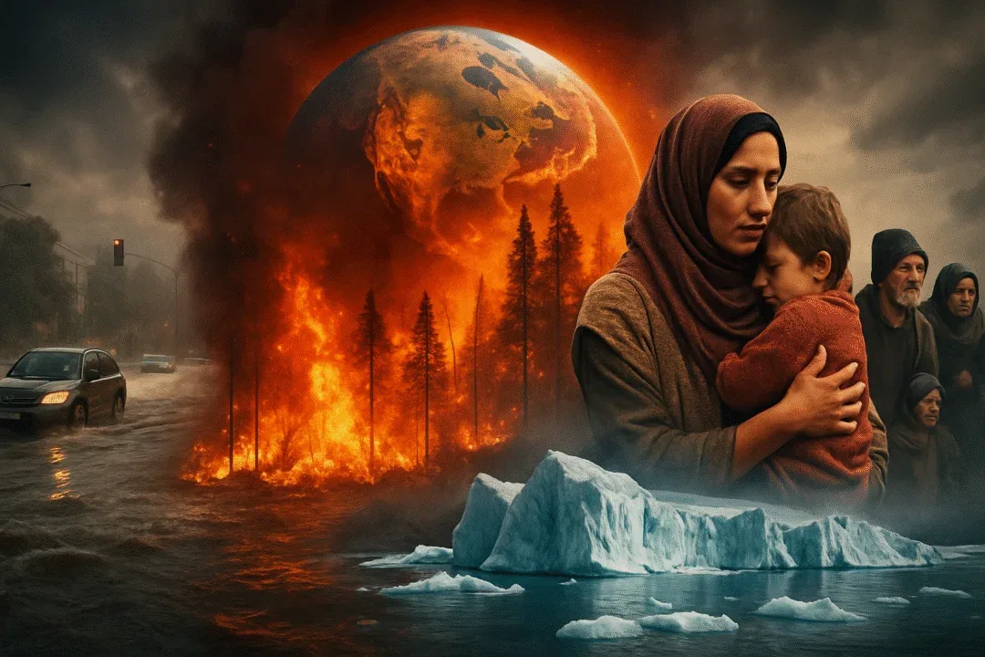 Collage of extreme weather events: flooded streets, wildfires, melting glaciers, and displaced people