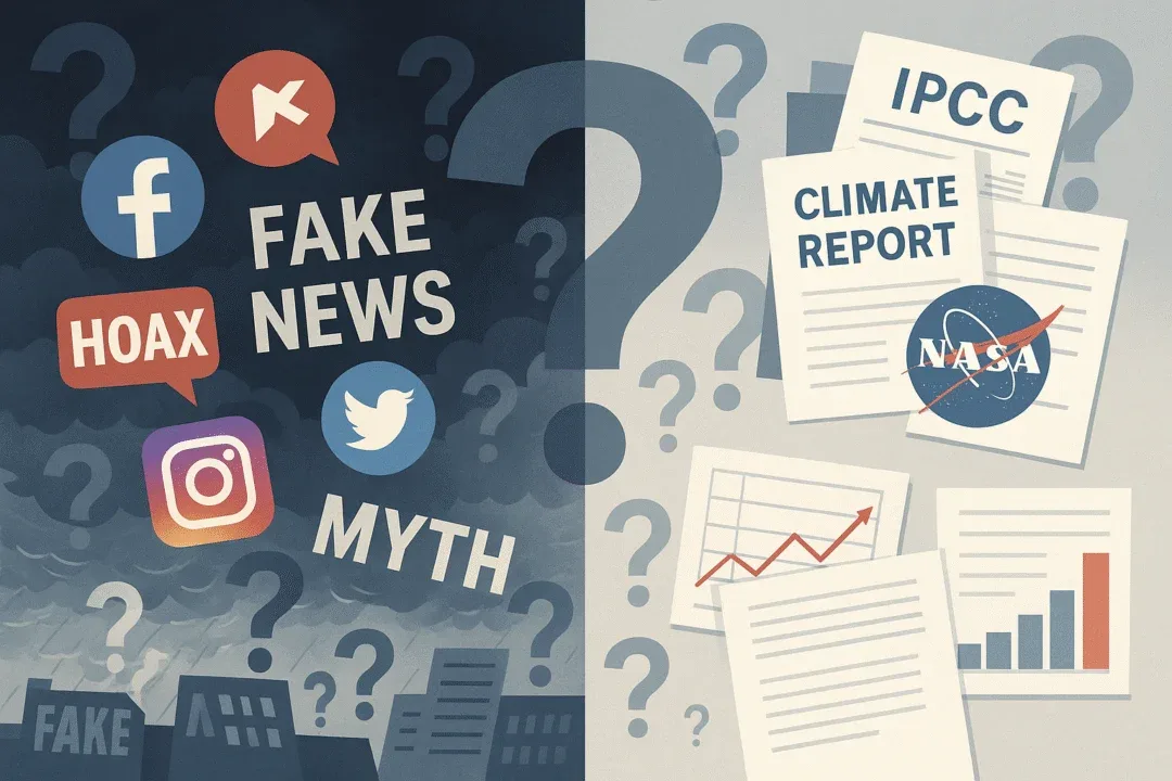Split-screen showing a storm of social media icons and false headlines on one side, and scientific reports and graphs from NASA/IPCC on the other; question marks fading into clarity