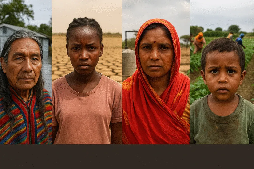 Portraits of diverse frontline communities — indigenous peoples, women, children in vulnerable regions — with background scenes of flooding, drought, and adaptation efforts like water harvesting and community farming