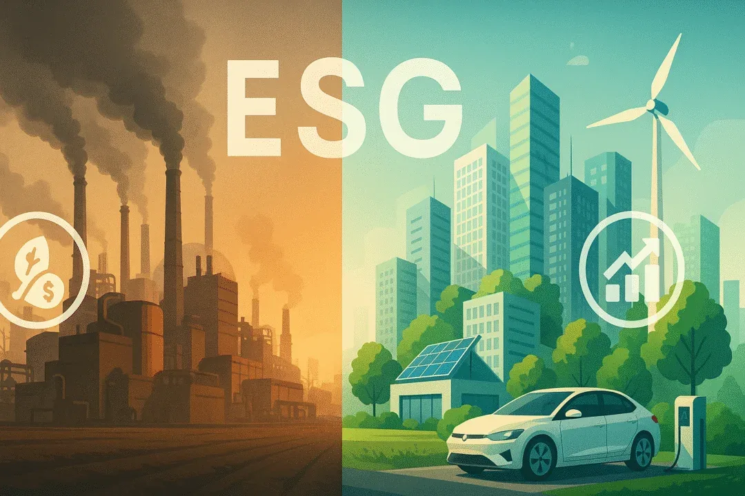 Split scene of heavy industry and sustainable innovation: factories on one side, smart buildings, EVs, and clean energy tech on the other