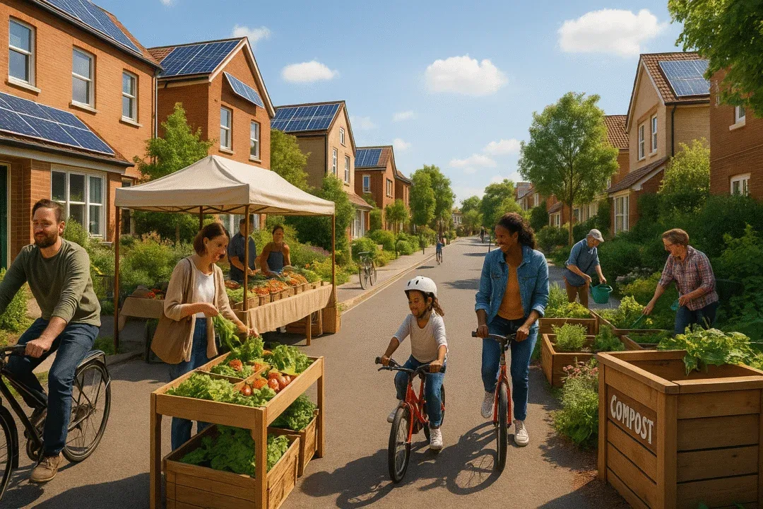 A cozy urban neighborhood with solar rooftops, cyclists, farmers’ markets, and compost bins; people engaging in sustainable practices like gardening and recycling