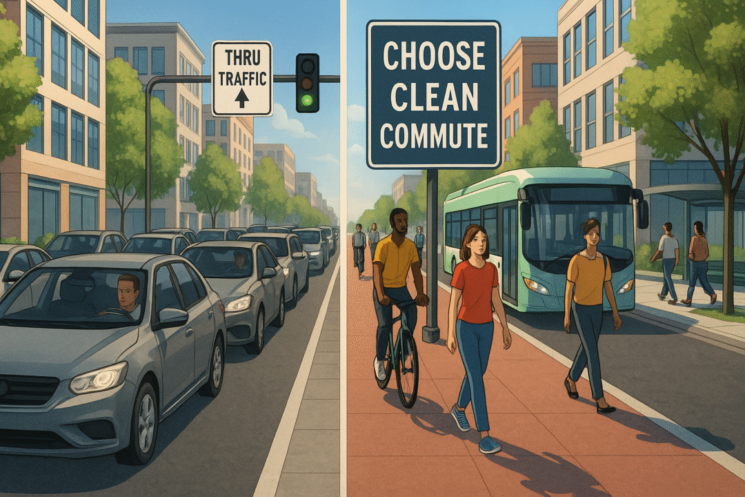 A street where one half shows car traffic and the other shows people walking, biking, and using public transit