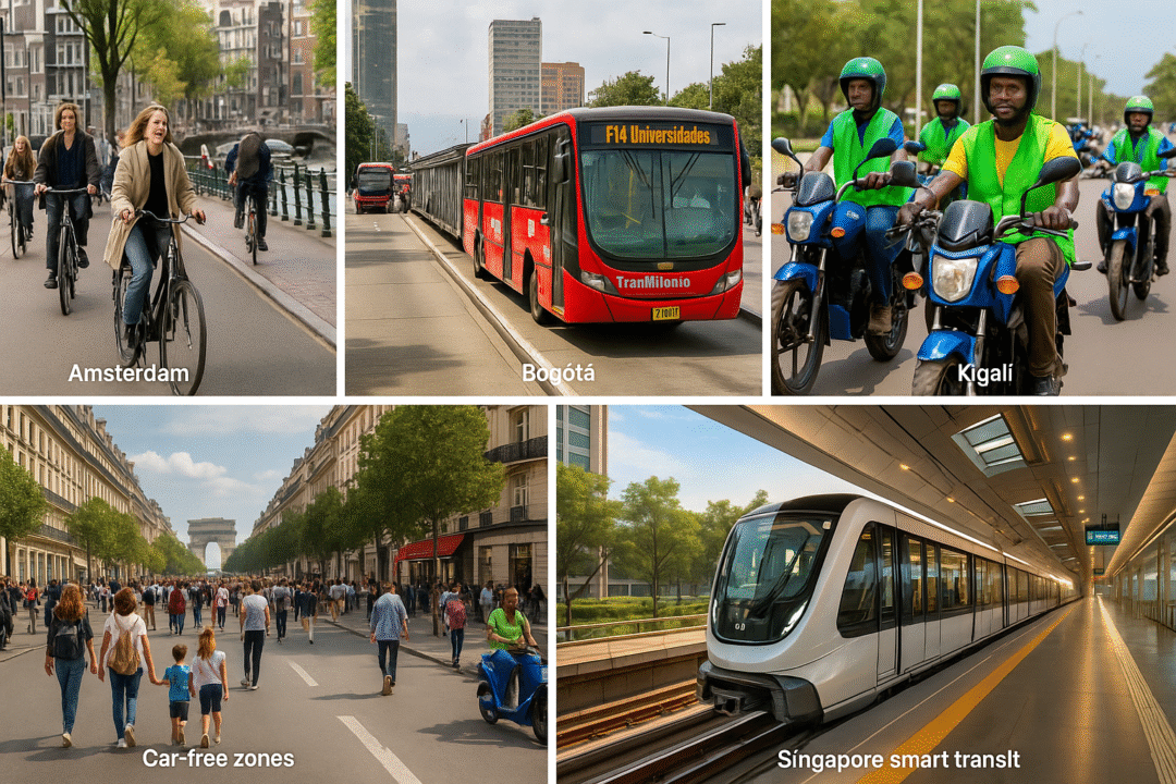 A collage of international transport scenes: cycling in Amsterdam, BRT in Bogotá, electric motorcycles in Kigali, Paris car-free zones, and Singapore's smart transit system