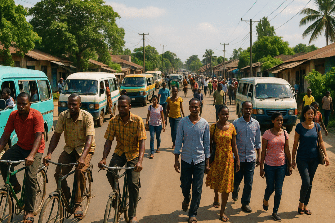 A bustling street in a developing country with a mix of bicycles, informal minibuses, and pedestrians; diverse people of different ages and genders