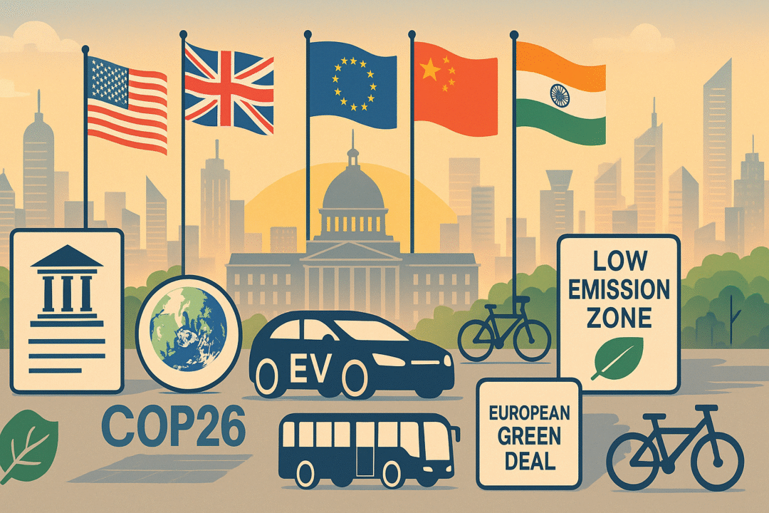 A global-themed visual showing a blend of national flags, urban infrastructure, and transport icons (EVs, buses, bikes)