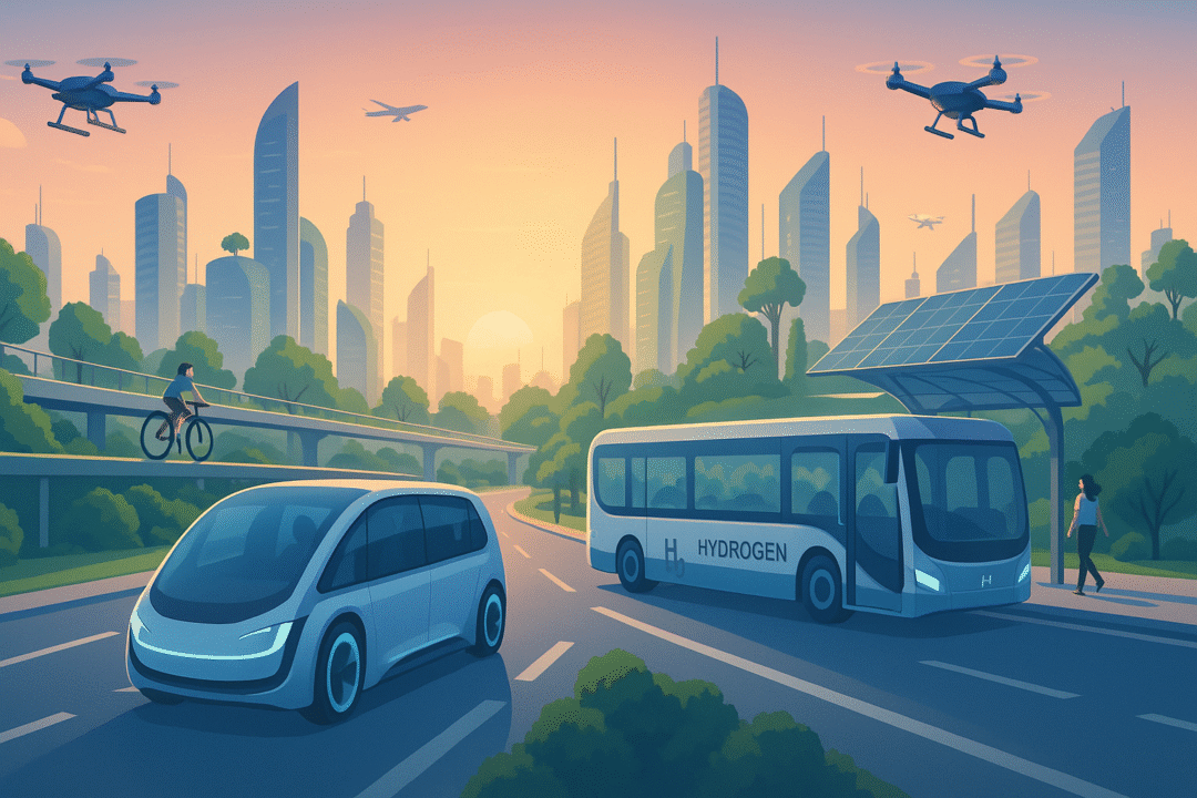 Futuristic smart city with autonomous vehicles, elevated cycling paths, hydrogen buses, drones, and solar-powered transit stations