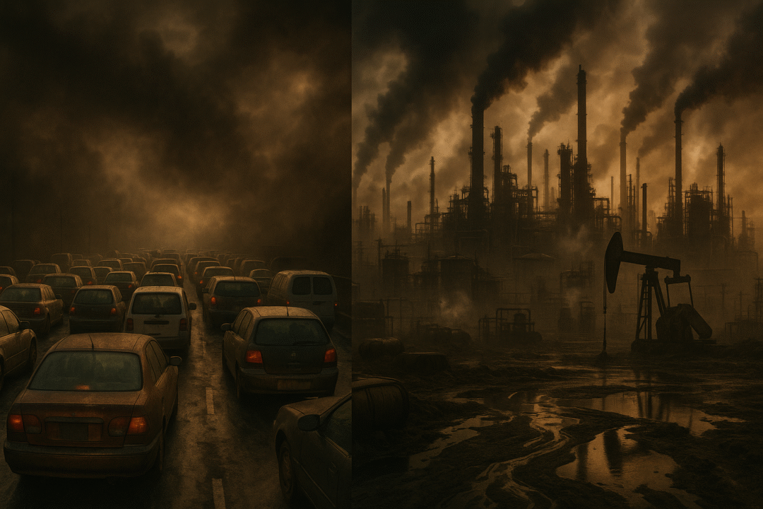Congested highway filled with fossil fuel cars on one side and heavy industry on the other