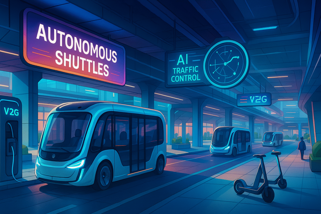 Futuristic urban transit hub with autonomous electric shuttles, dynamic digital signage, V2G charging stations, and AI-powered traffic control