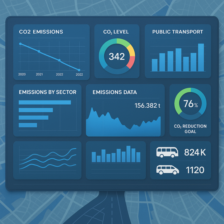 Dashboard-style visual with charts, graphs, carbon meters, and public transport KPIs over a city map