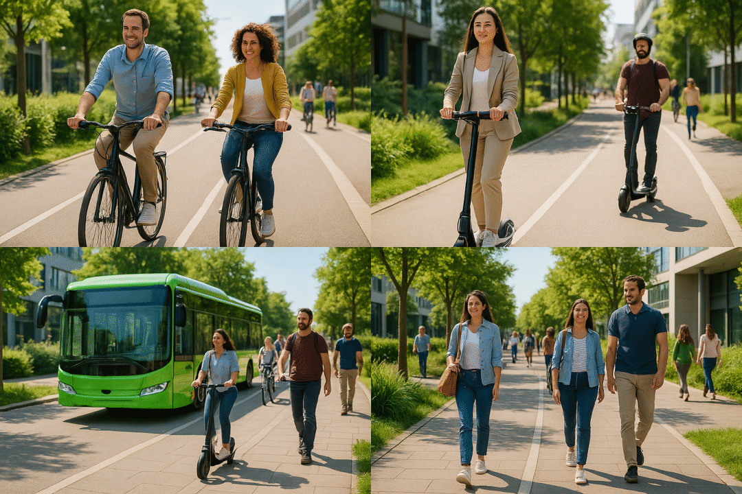 Collage of low-emission transport: bicycles, e-scooters, electric buses, and pedestrians on wide paths