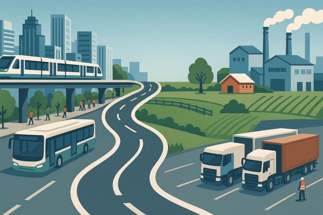 Three-part image: (1) dense city with metro and e-buses, (2) rural road with a bus and farmland, (3) freight trucks loading in an industrial zone