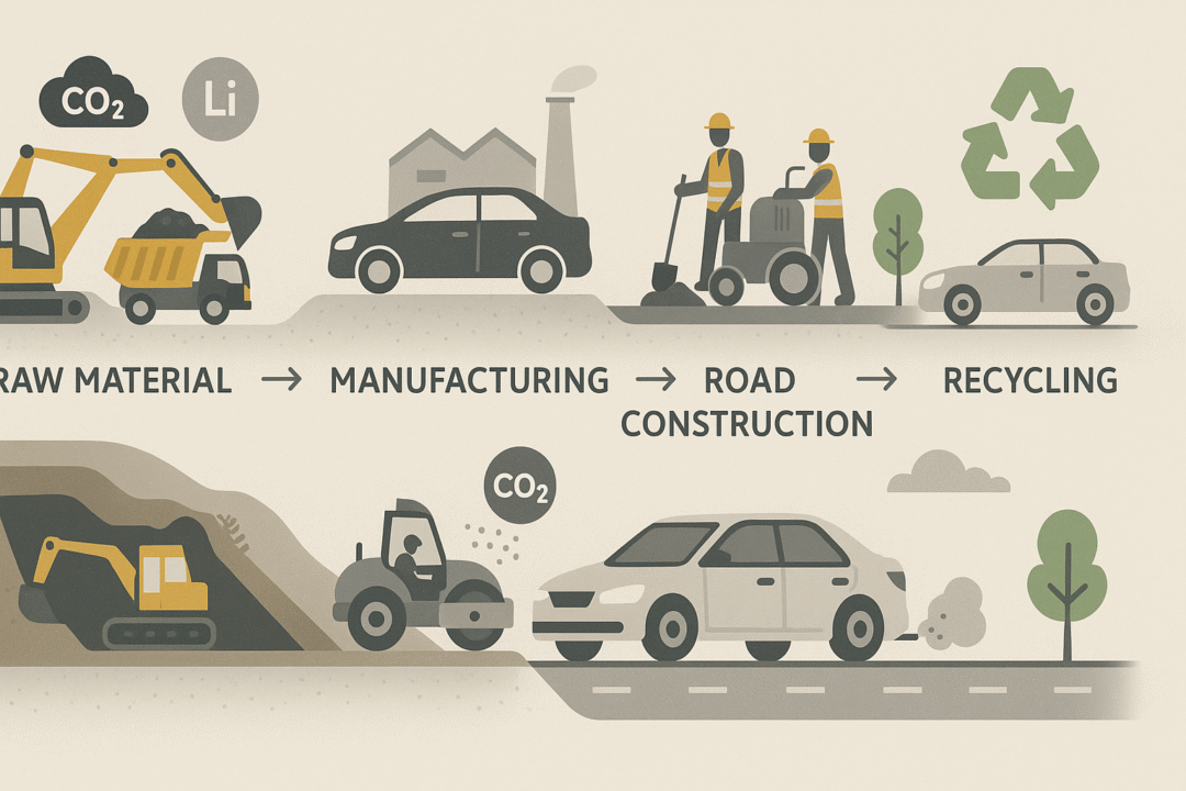 Cross-sectional visual of a vehicle lifecycle: raw material mining, vehicle manufacturing, road construction, use, and recycling
