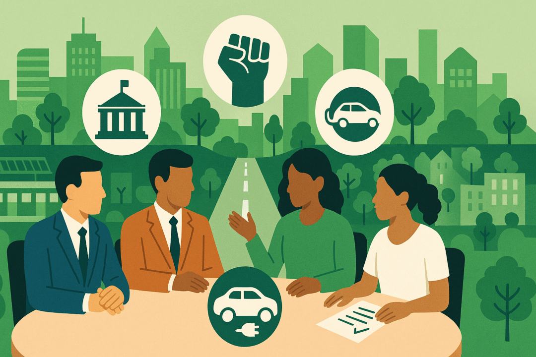 A roundtable scene with stylized icons of government officials, corporate executives, activists, and citizens collaborating