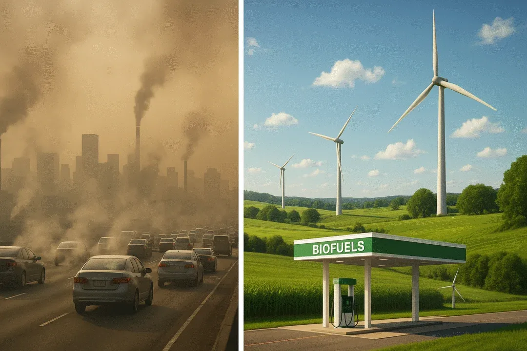 Visual comparison of fossil fuel pollution and clean biofuel-powered environment.