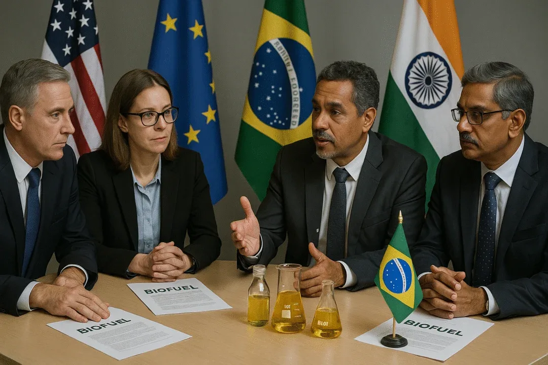 Global policymakers discussing biofuel regulations and blending mandates with national flags displayed.
