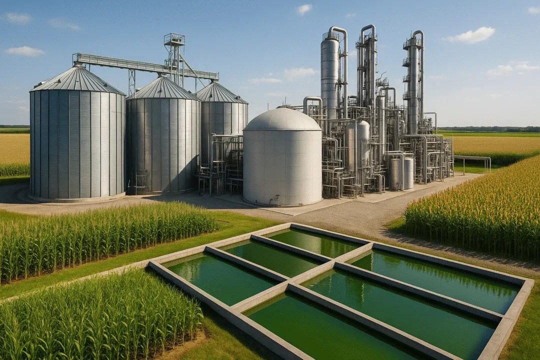 Modern biofuel facility with fermentation tanks and crop feedstocks like corn, sugarcane, and algae.