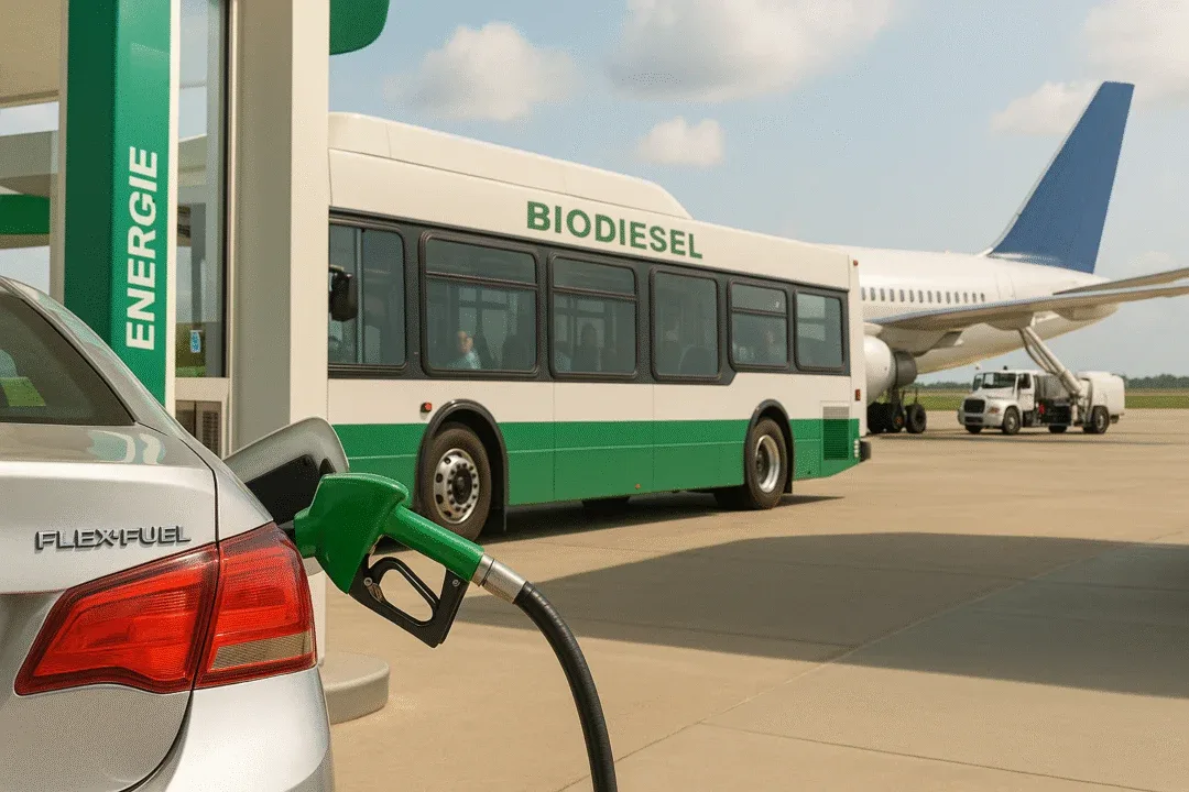 Flex-fuel car, city bus, and airplane using different types of liquid biofuels for transportation.