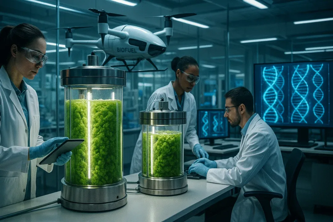 Scientists developing next-gen biofuels with algae, synthetic biology tools, and fuel innovation prototypes.