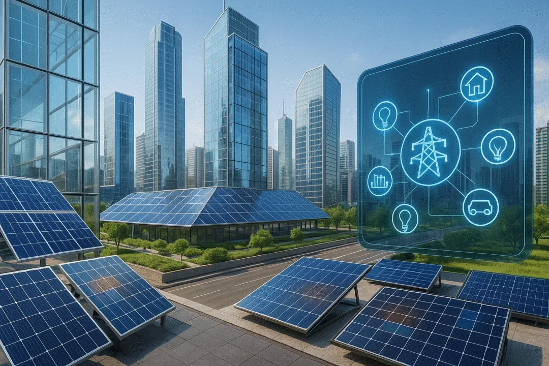 Futuristic vision of solar technology innovation including smart grids and next-generation solar panels