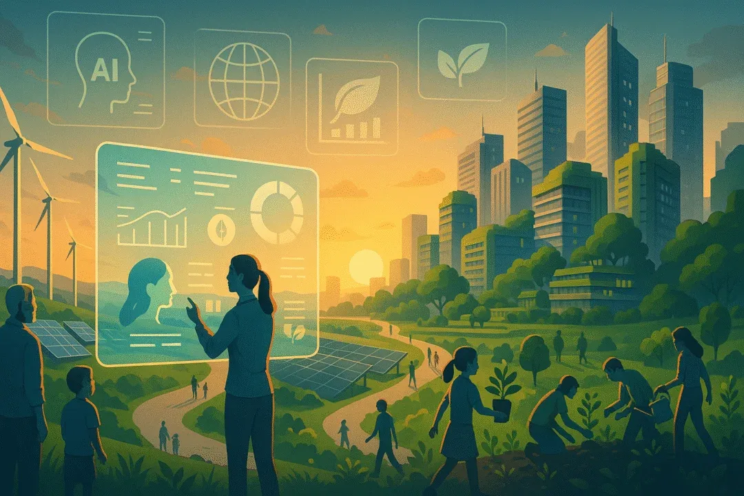 Futuristic smart city powered by renewable energy with climate data interfaces and AI tools- illustrating the future of sustainability and net-zero goals.