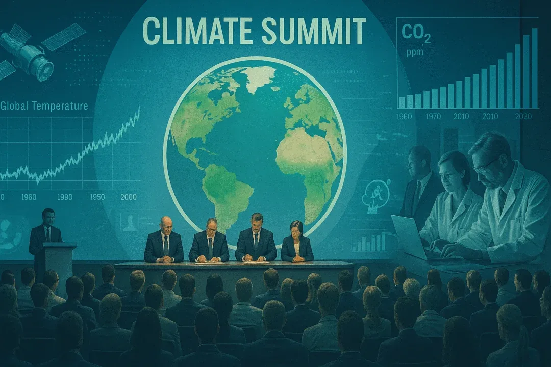 Climate summit scene with charts, scientists, and country flags - depicting IPCC’s role in building global consensus on climate change.