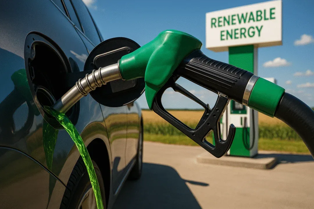 Car being fueled with renewable liquid biofuel at a clean energy station near farmland under clear skies.