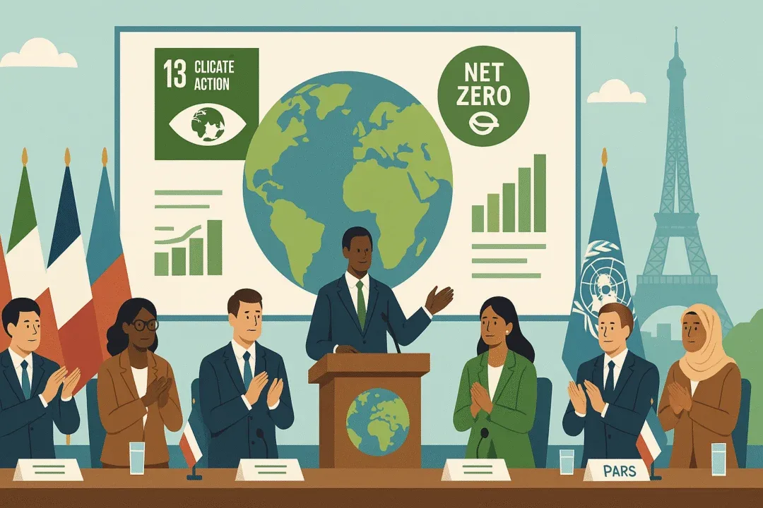 Delegates at COP21 with SDG icons and 1.5°C target visuals - representing the Paris Agreement and the global sustainability roadmap.