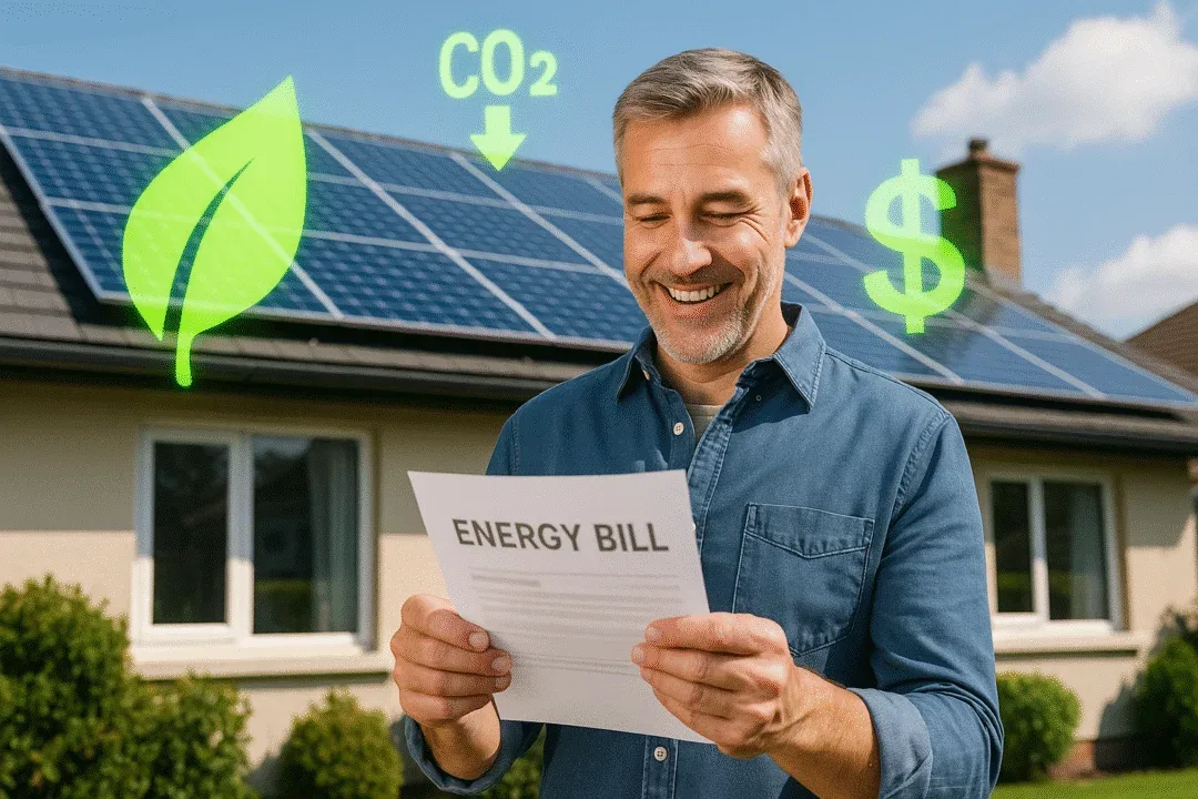 Illustration of environmental and economic benefits of solar energy for homeowners and the planet.