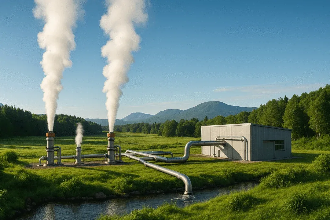 Sustainable geothermal power plant with low environmental impact and green surroundings.