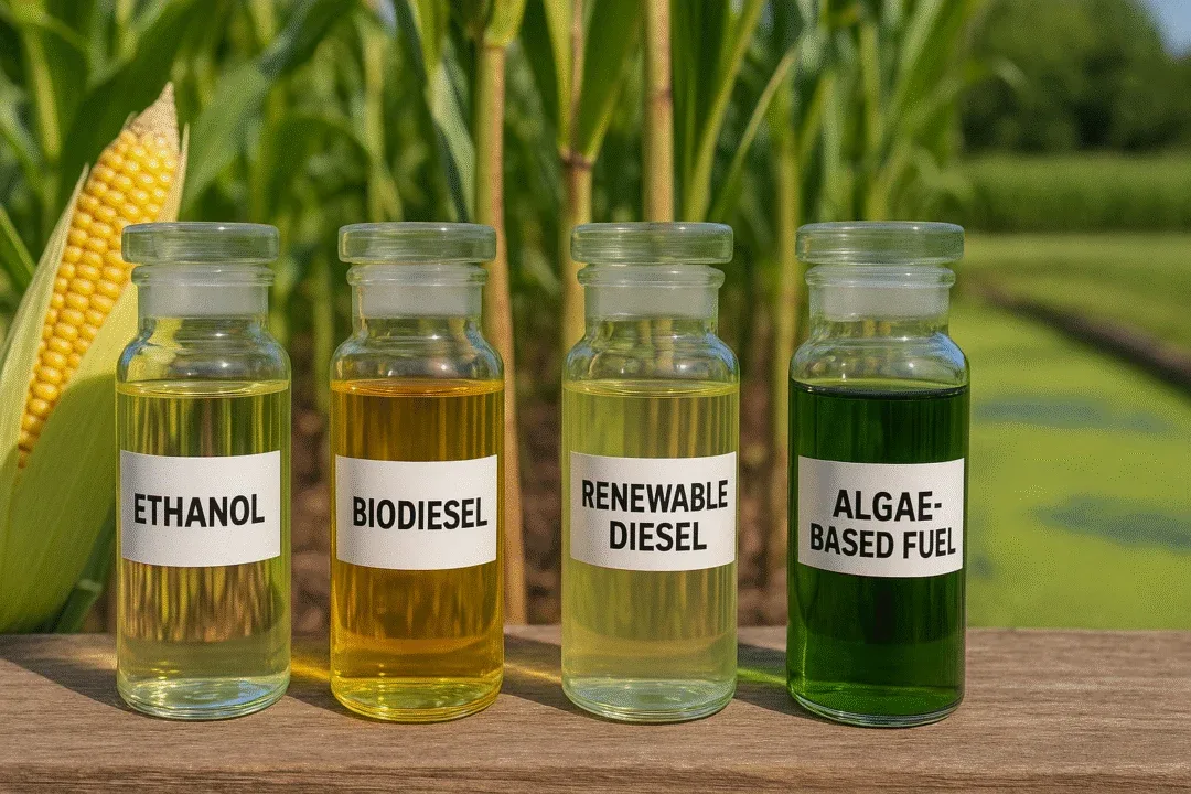 Different types of liquid biofuels including ethanol, biodiesel, and algae fuel displayed in labeled vials.